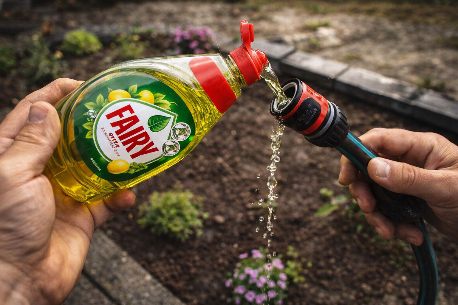 Vierte detergente en el tubo de riego y descubre qué sucede