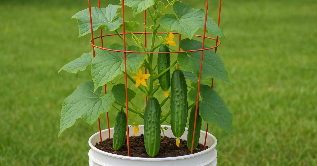 La forma más fácil de cultivar pepinos verticalmente en un balde