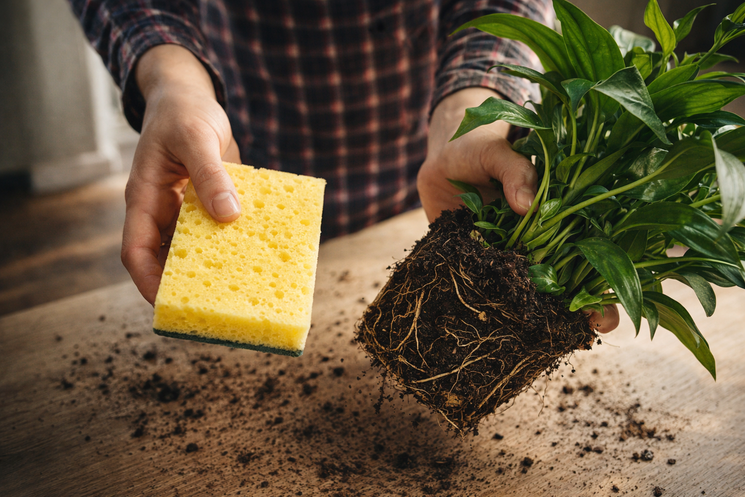 En primavera, vuelvo a plantar flores usando esponjas