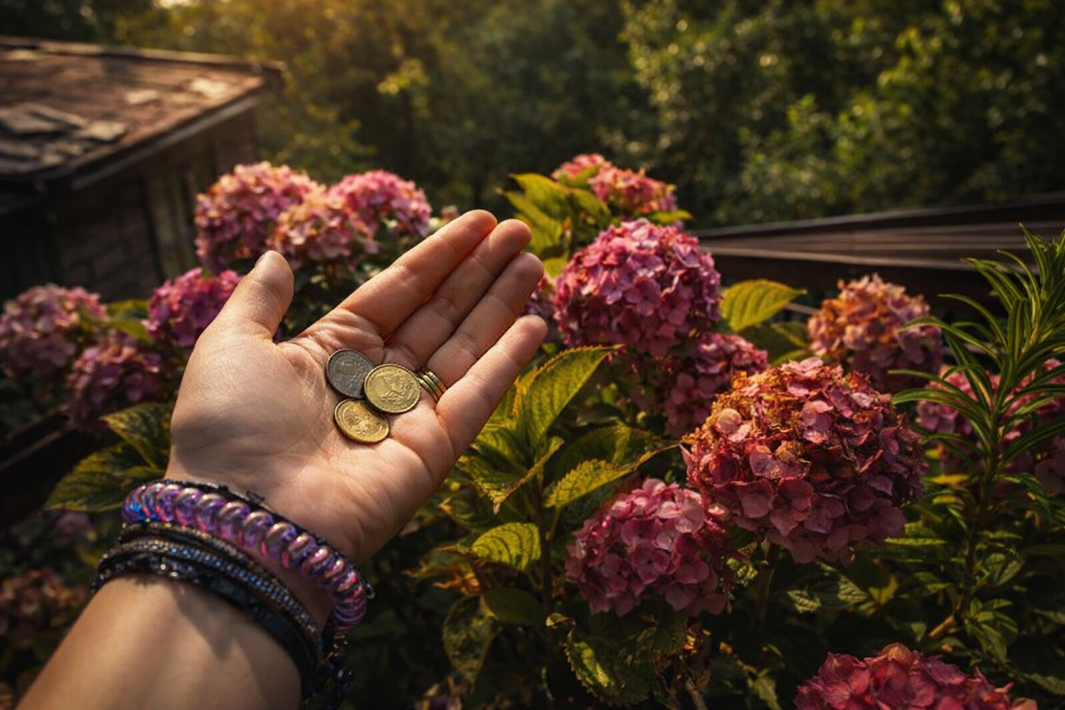 Monedas de cobre en las flores del jardín: lo único que pasa en un mes