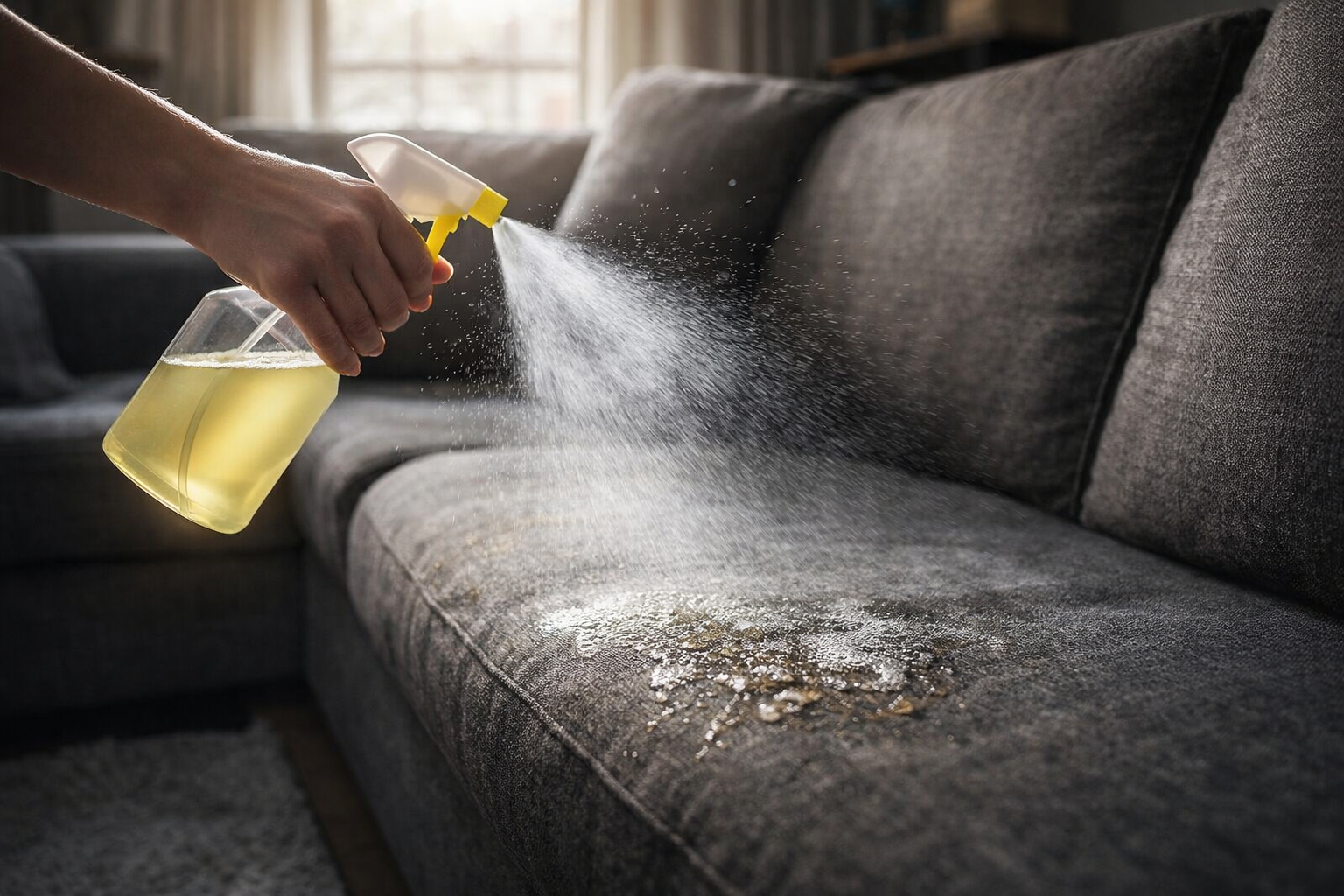 Rocía limpiacristales sobre tu sofá y descubre qué sucede