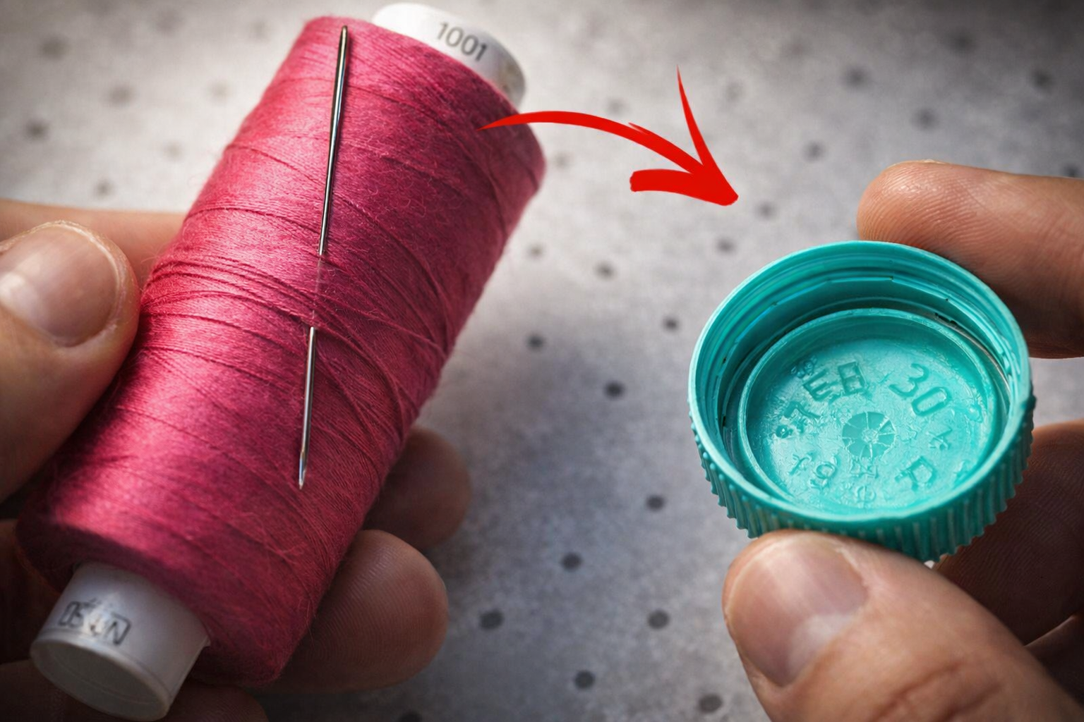 Un truco sencillo para enhebrar la aguja usando solo un tapón de botella