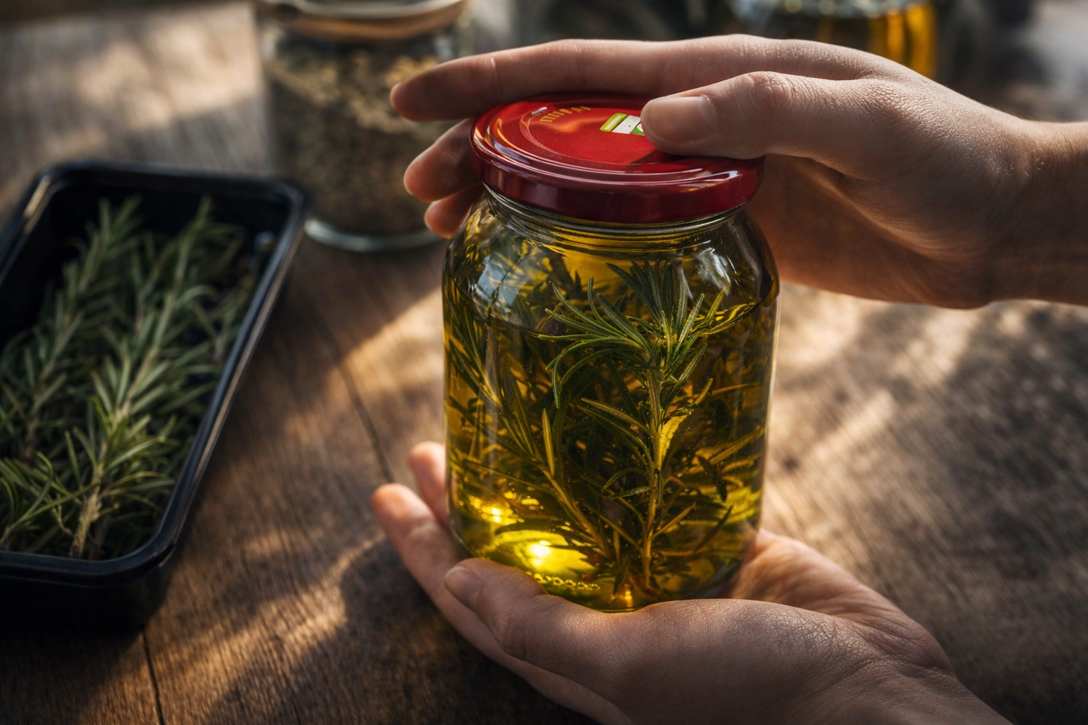 Aceite infusionado con romero en un frasco: un ritual que querrás repetir cada noche