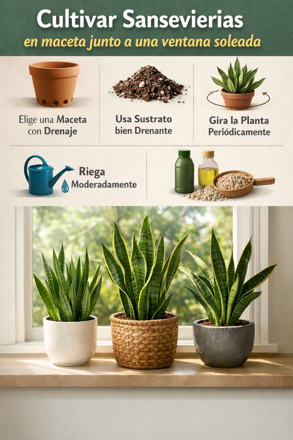 Cultivar Sansevierias en maceta junto a una ventana soleada