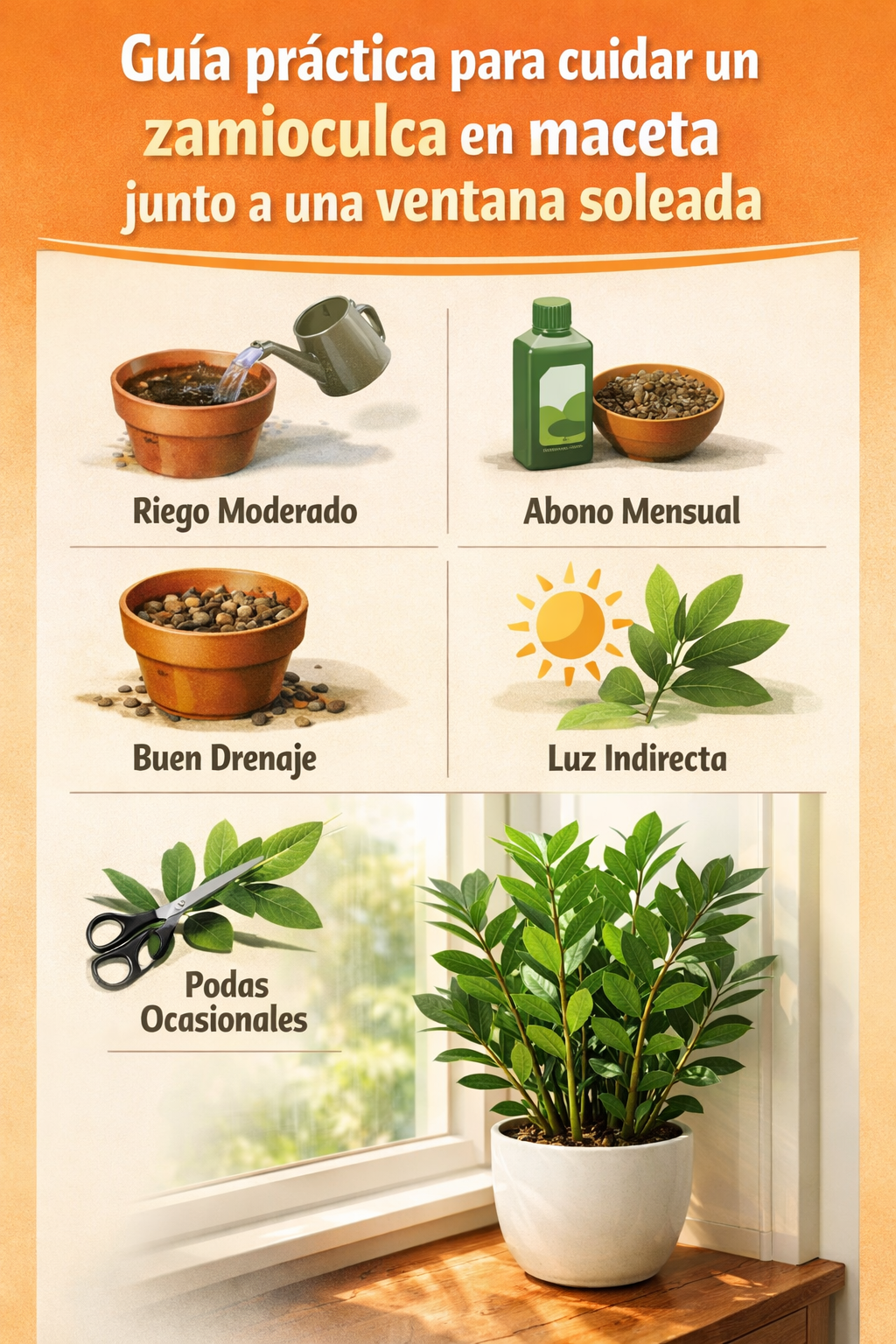 Guía práctica para cuidar un zamioculca en maceta junto a una ventana soleada