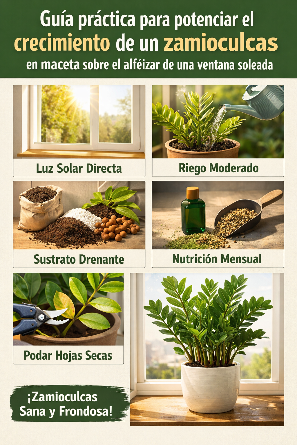 Guía práctica para potenciar el crecimiento de un zamioculcas en maceta sobre el alféizar de una ventana soleada