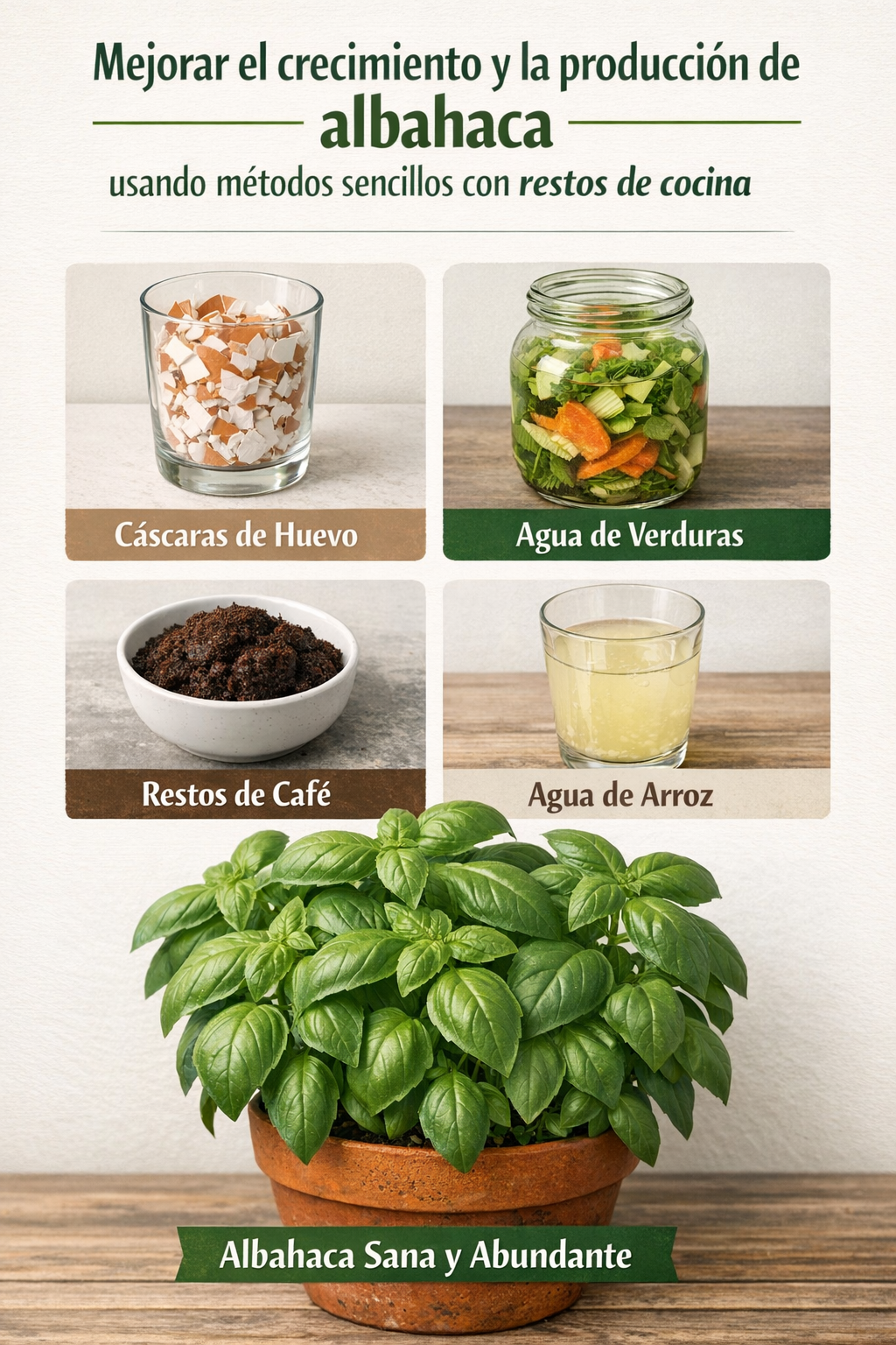 Mejorar el crecimiento y la producción de albahaca usando métodos sencillos con restos de cocina