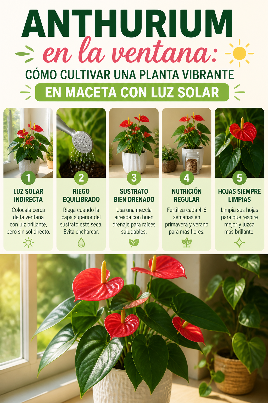 Anthurium en la ventana: cómo cultivar una planta vibrante en maceta con luz solar