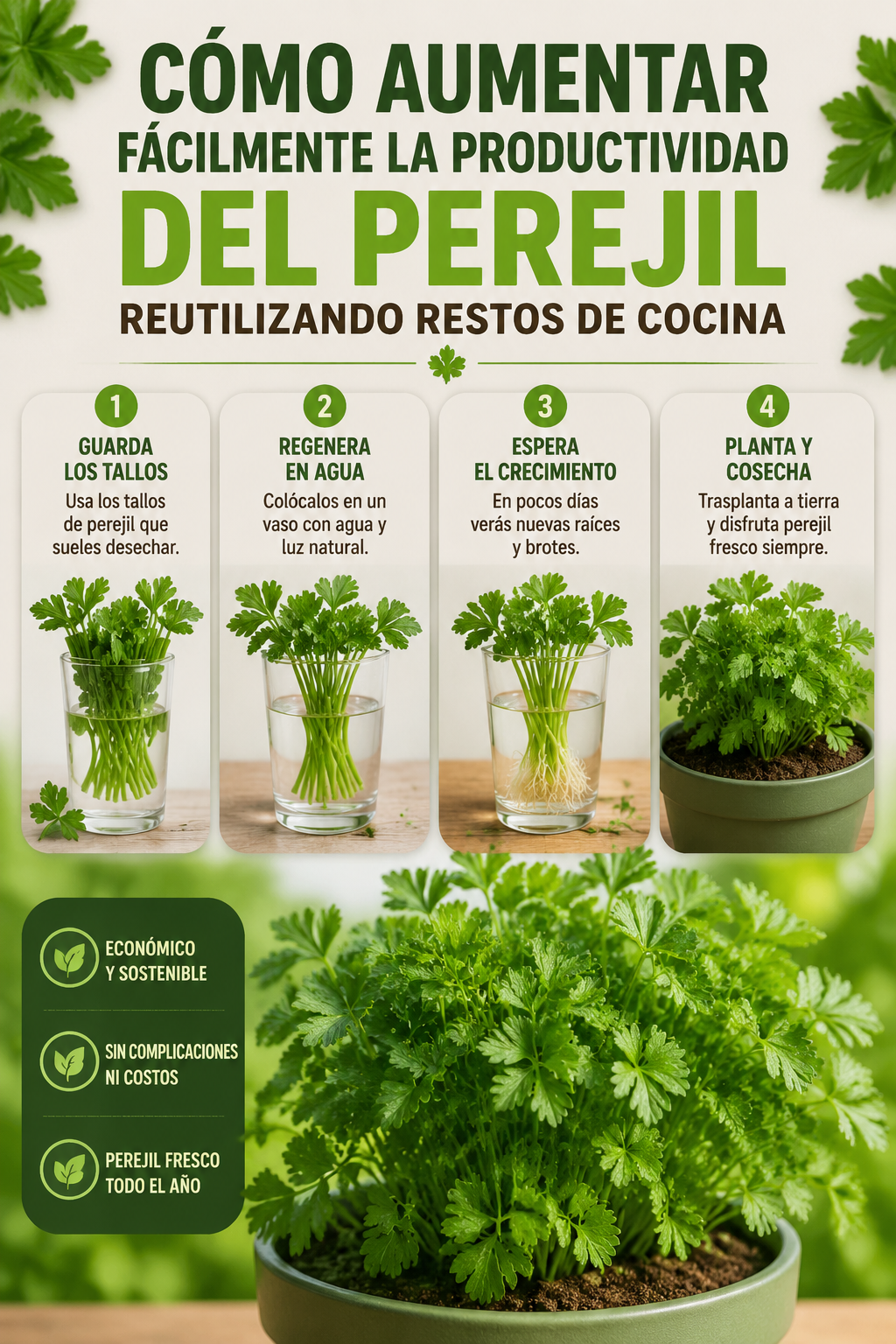 Cómo aumentar fácilmente la productividad del perejil reutilizando restos de cocina