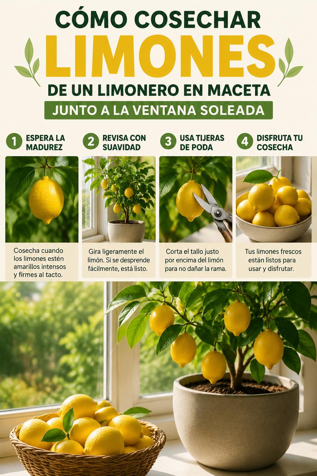 Cómo cosechar limones de un limonero en maceta junto a la ventana soleada