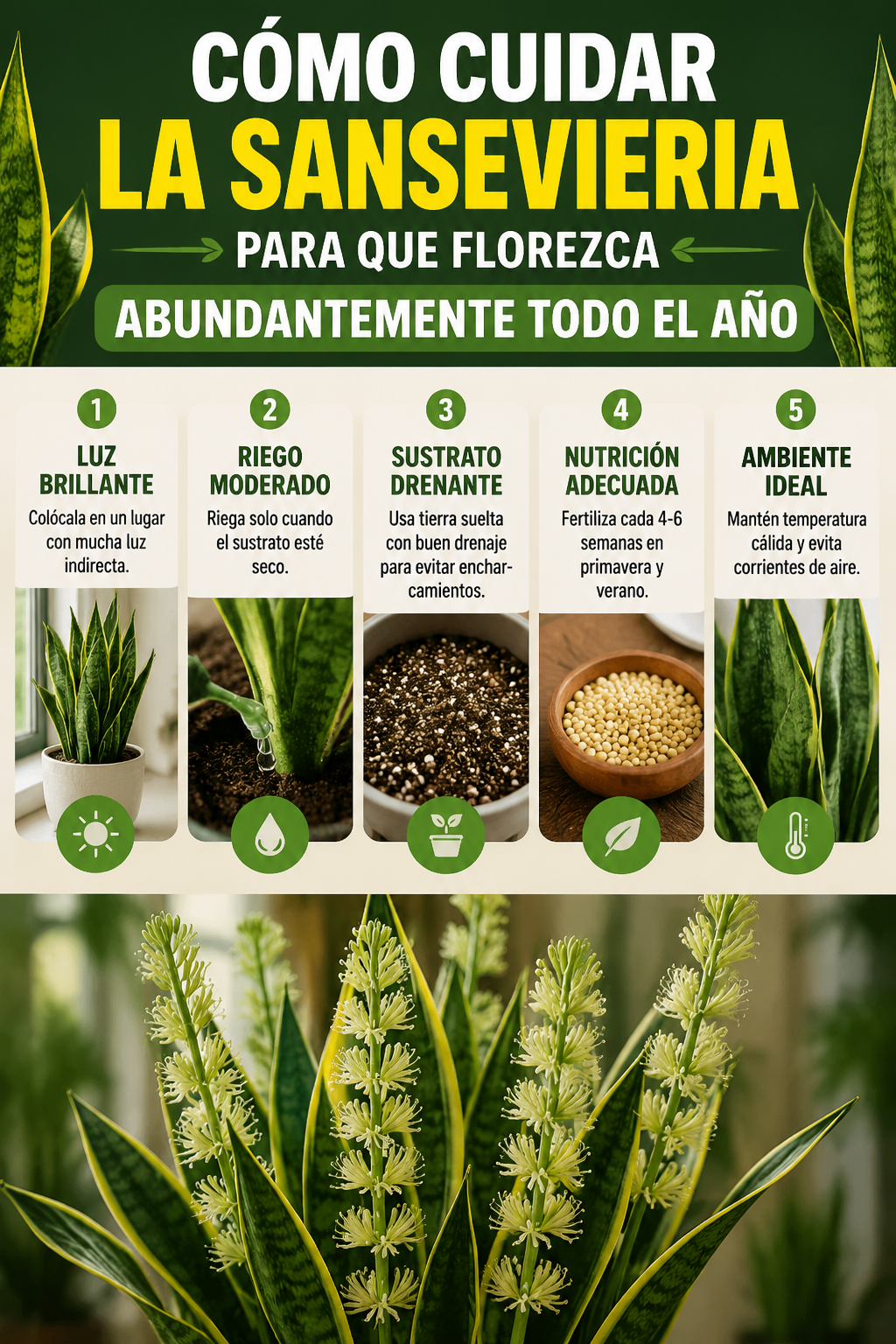 Cómo cuidar la sansevieria para que florezca abundantemente todo el año