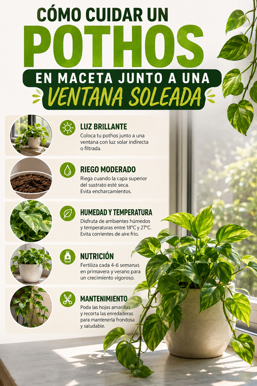 Cómo cuidar un pothos en maceta junto a una ventana soleada