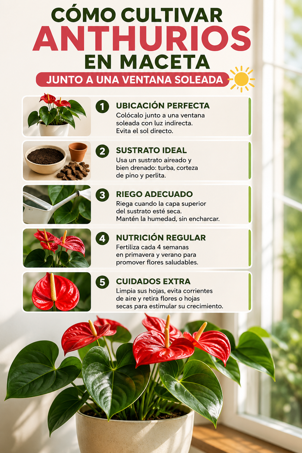 Cómo cultivar anthurios en maceta junto a una ventana soleada