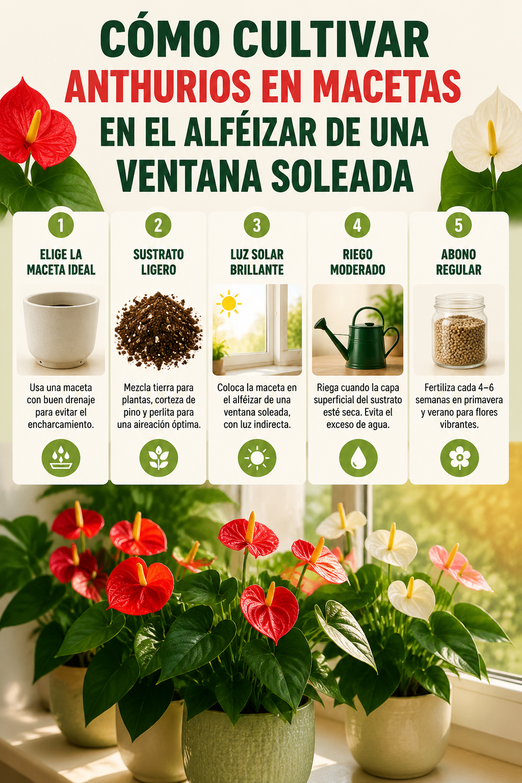 Cómo cultivar anthurios en macetas en el alféizar de una ventana soleada