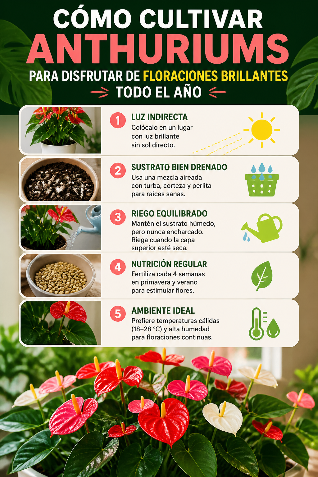 Cómo cultivar anthuriums para disfrutar de floraciones brillantes todo el año