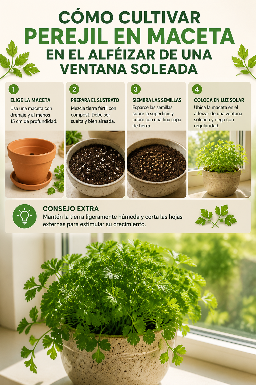 Cómo cultivar perejil en maceta en el alféizar de una ventana soleada