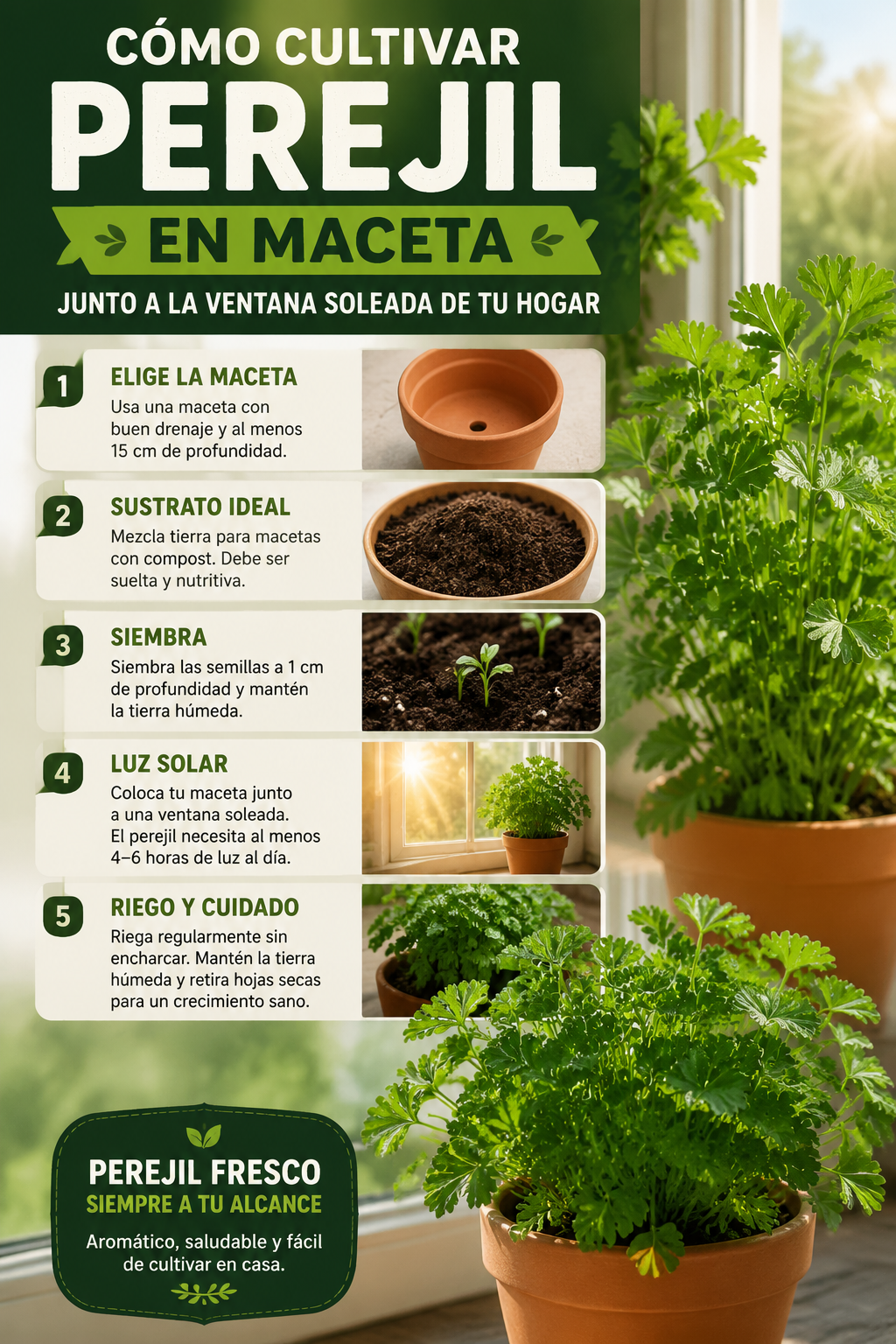 Cómo cultivar perejil en maceta junto a la ventana soleada de tu hogar