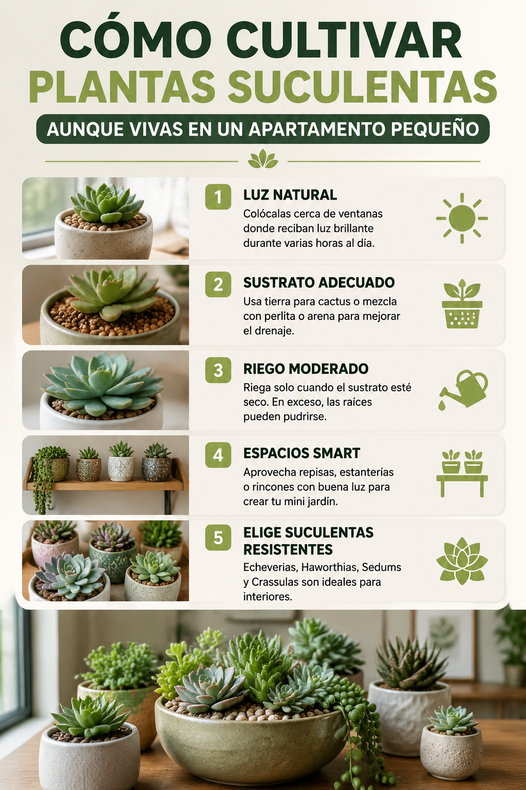 Cómo cultivar plantas suculentas aunque vivas en un apartamento pequeño