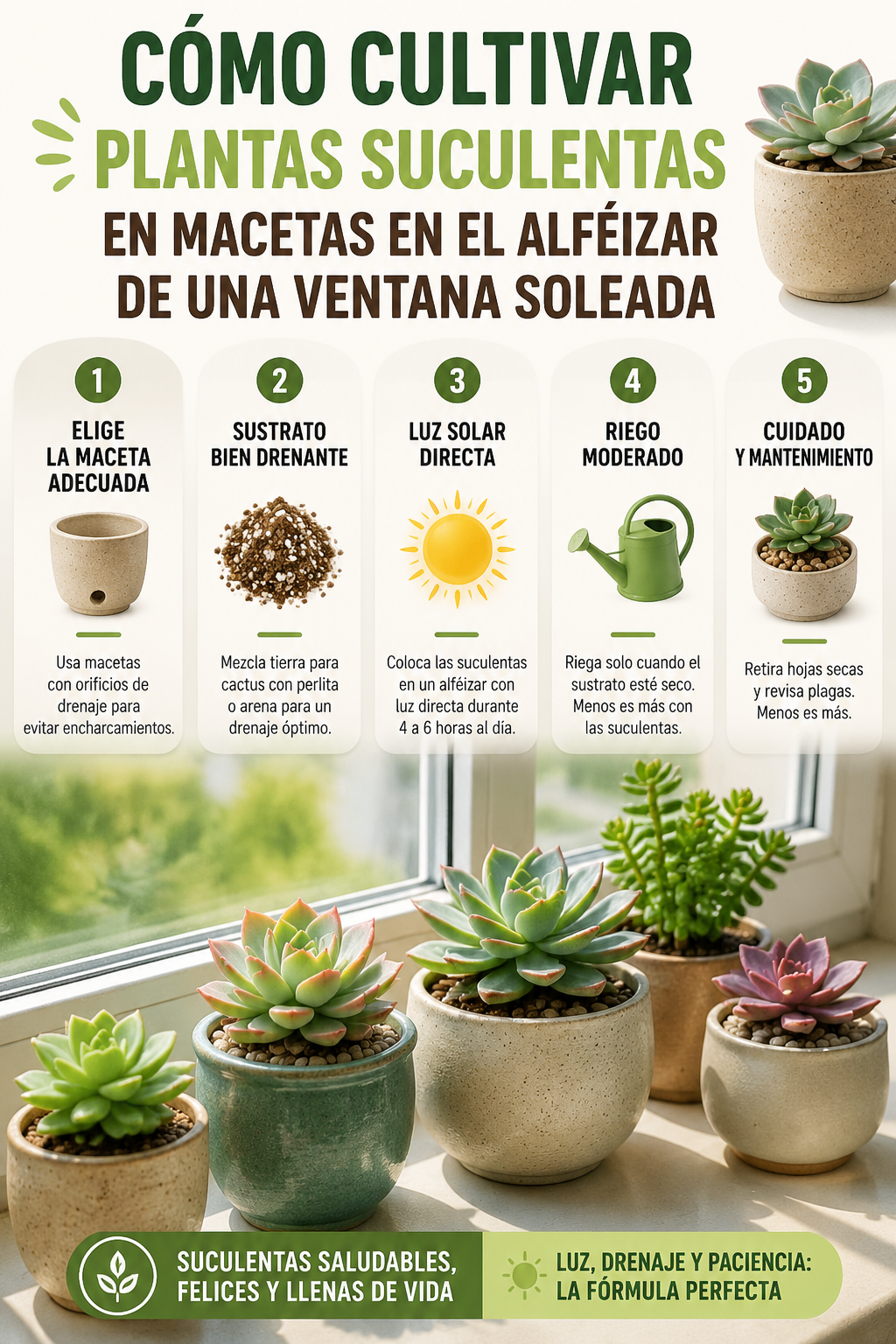 Cómo cultivar plantas suculentas en macetas en el alféizar de una ventana soleada