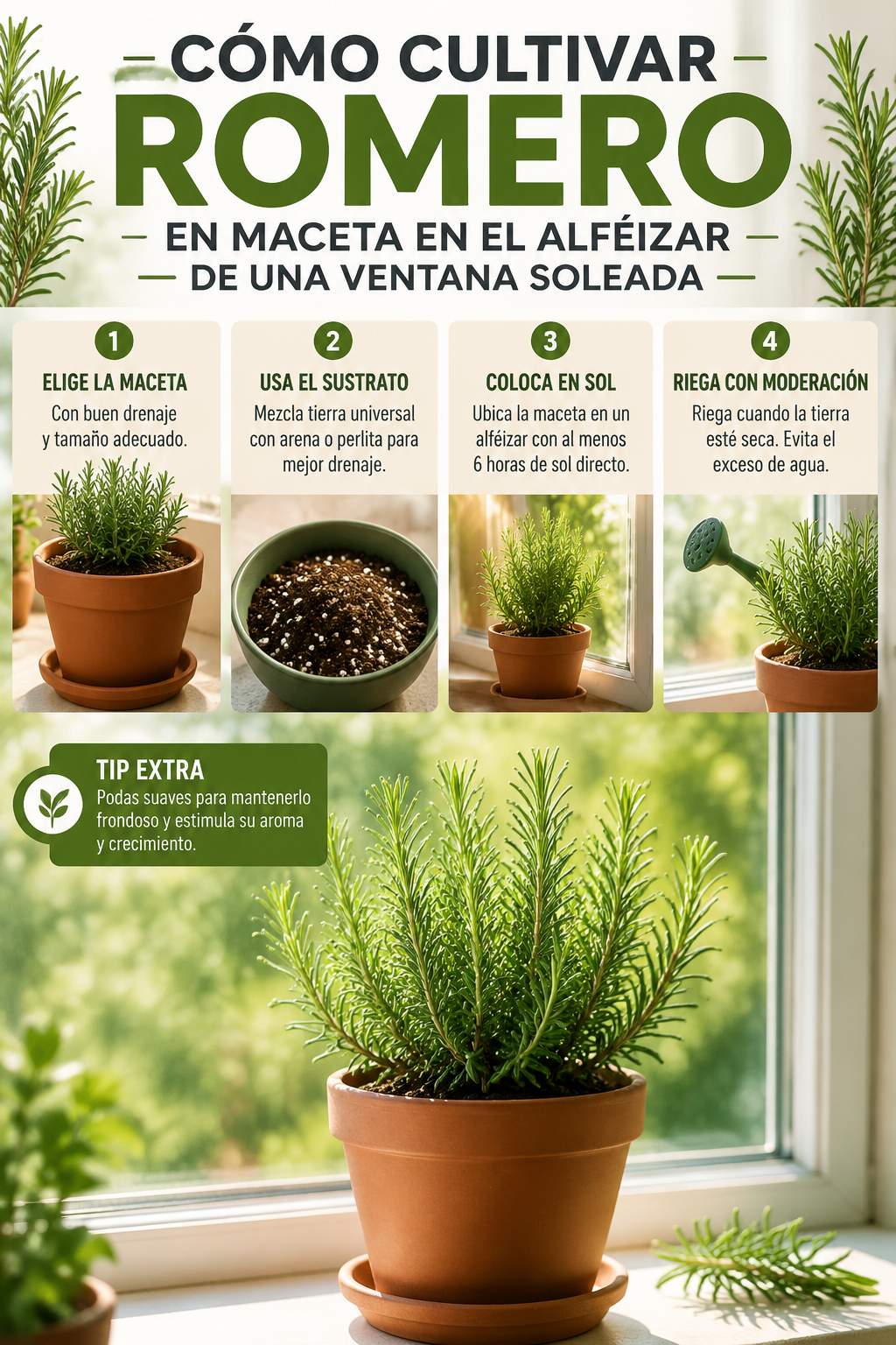 Cómo cultivar romero en maceta en el alféizar de una ventana soleada