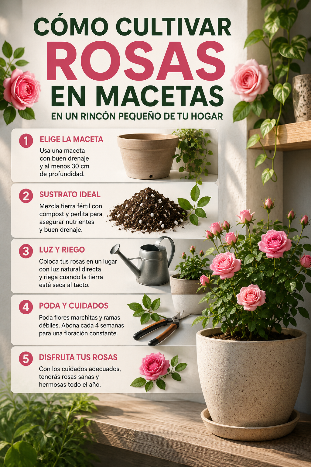 Cómo cultivar rosas en macetas en un rincón pequeño de tu hogar