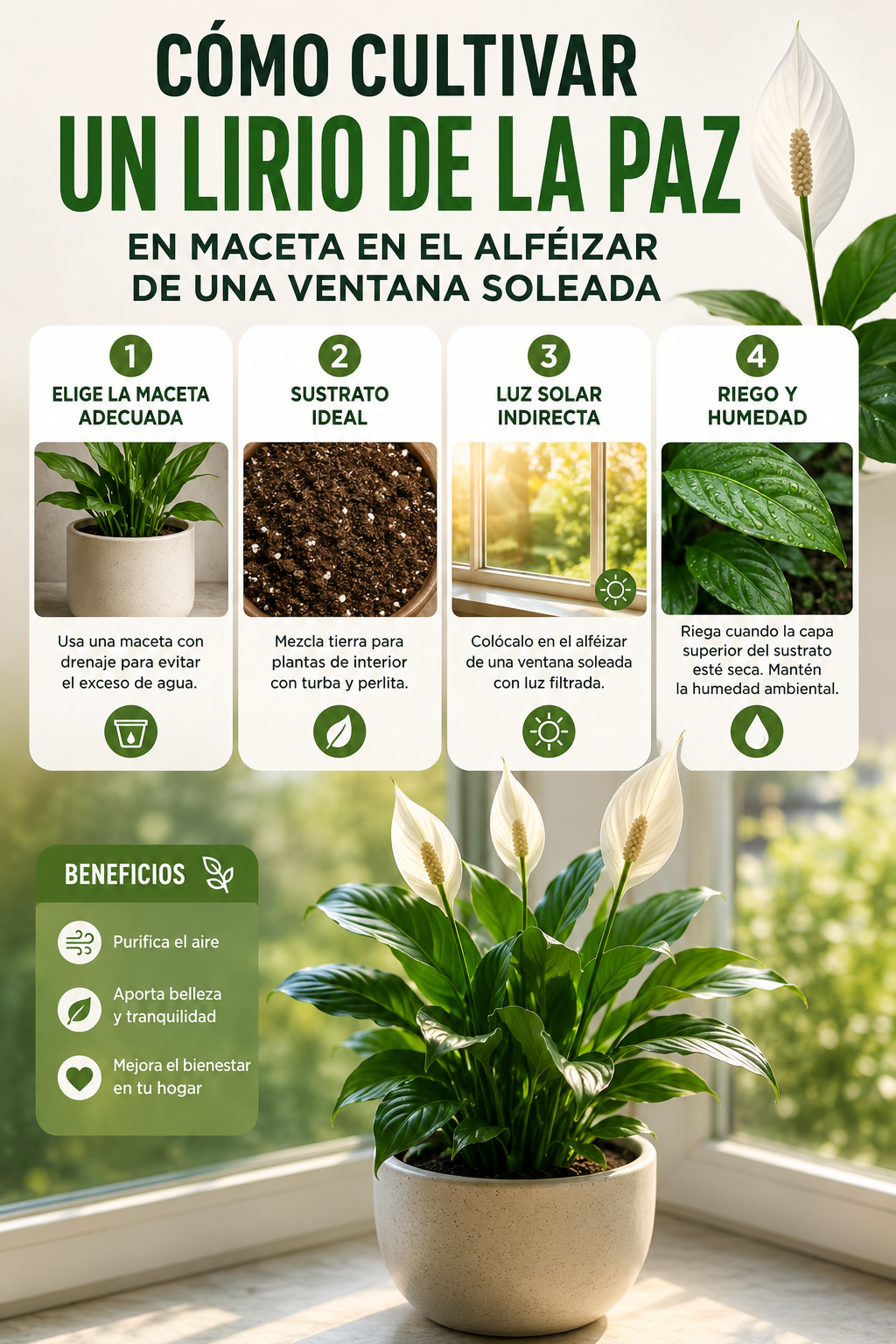 Cómo cultivar un lirio de la paz en maceta en el alféizar de una ventana soleada