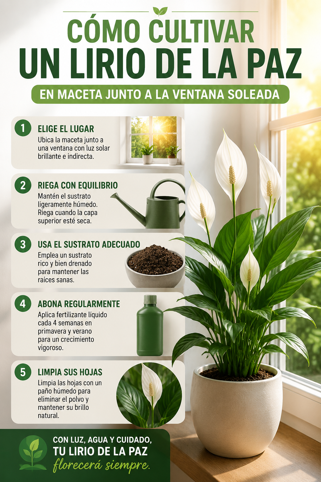 Cómo cultivar un lirio de la paz en maceta junto a la ventana soleada