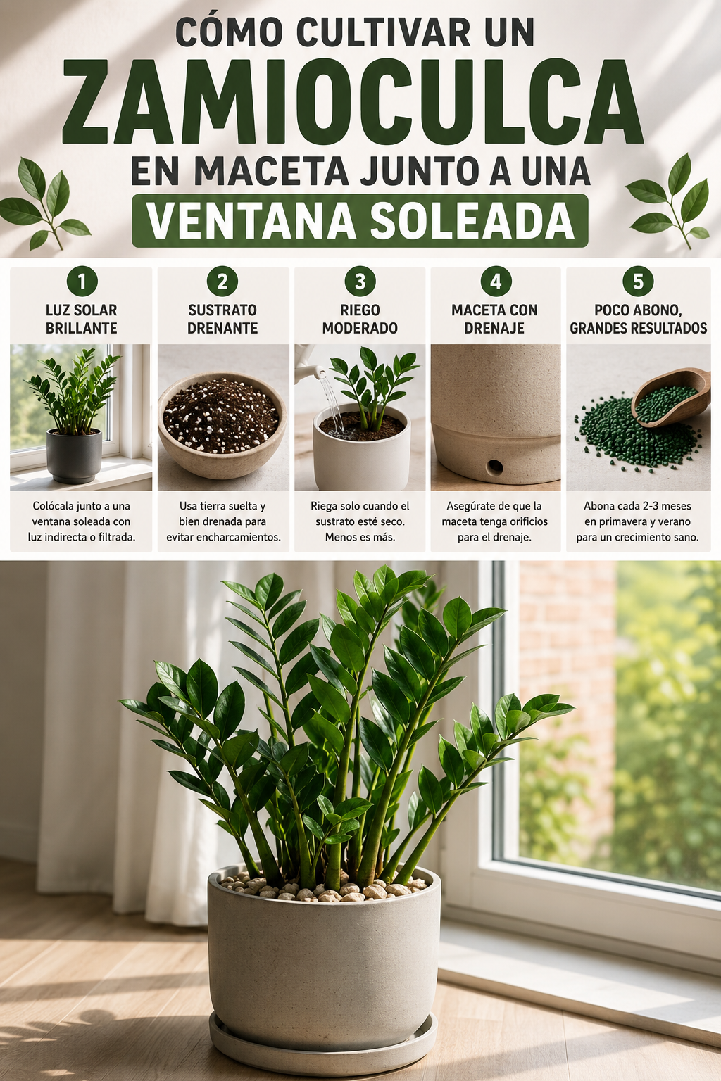 Cómo cultivar un zamioculca en maceta junto a una ventana soleada