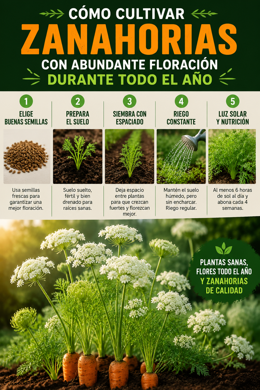 Cómo cultivar zanahorias con abundante floración durante todo el año