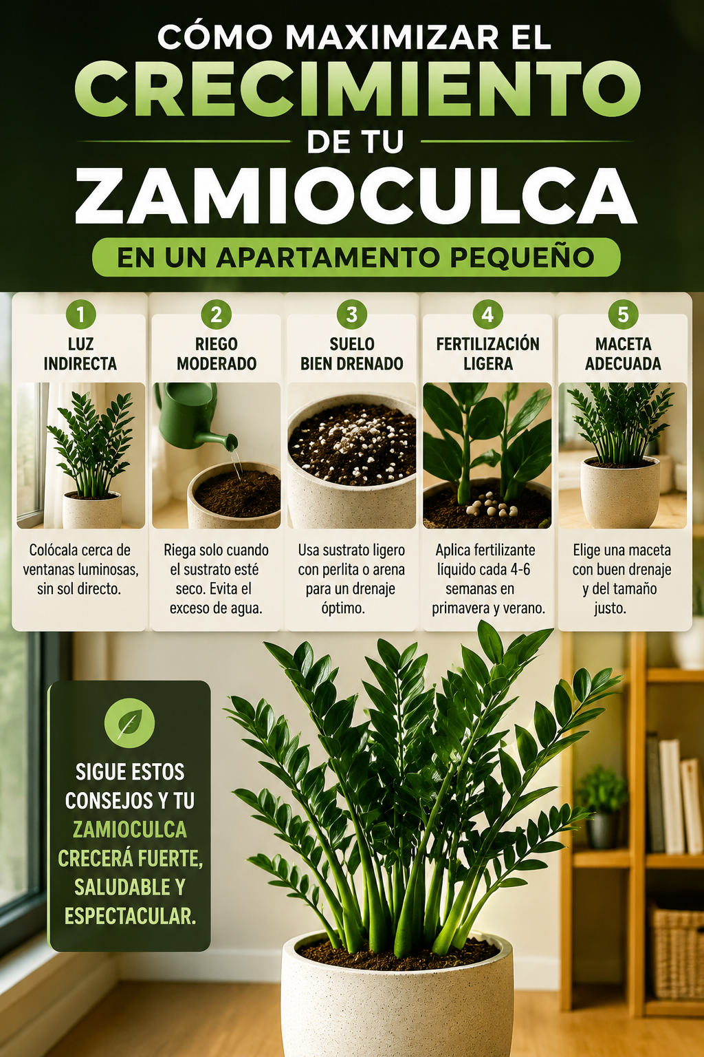 Cómo maximizar el crecimiento de tu zamioculca en un apartamento pequeño