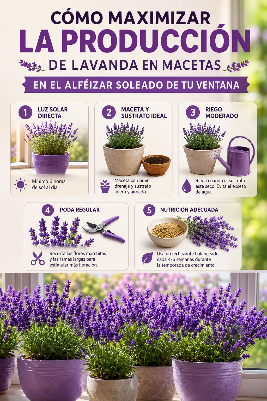 Cómo maximizar la producción de lavanda en macetas en el alféizar soleado de tu ventana