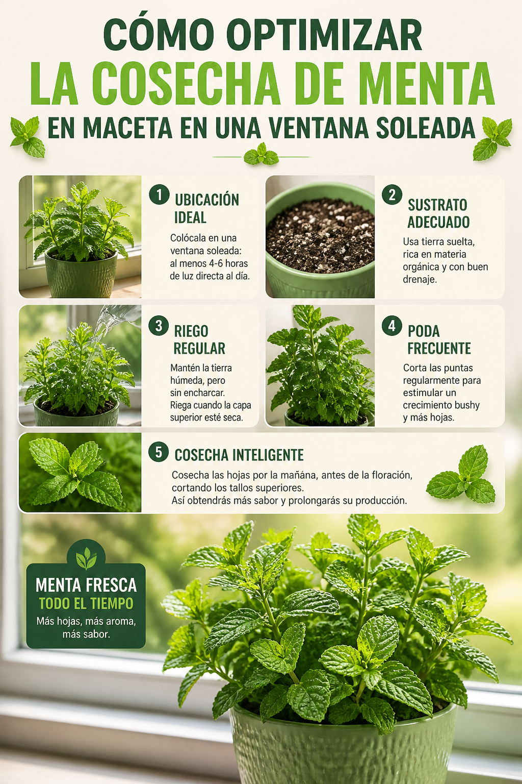 Cómo optimizar la cosecha de menta en maceta en una ventana soleada