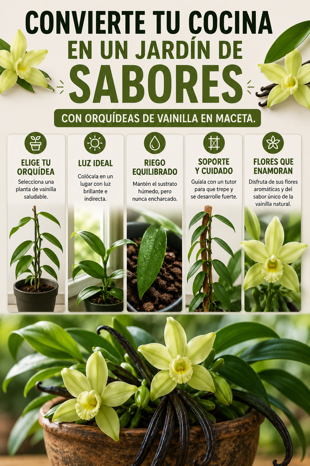 Convierte tu cocina en un jardín de sabores con orquídeas de vainilla en maceta.