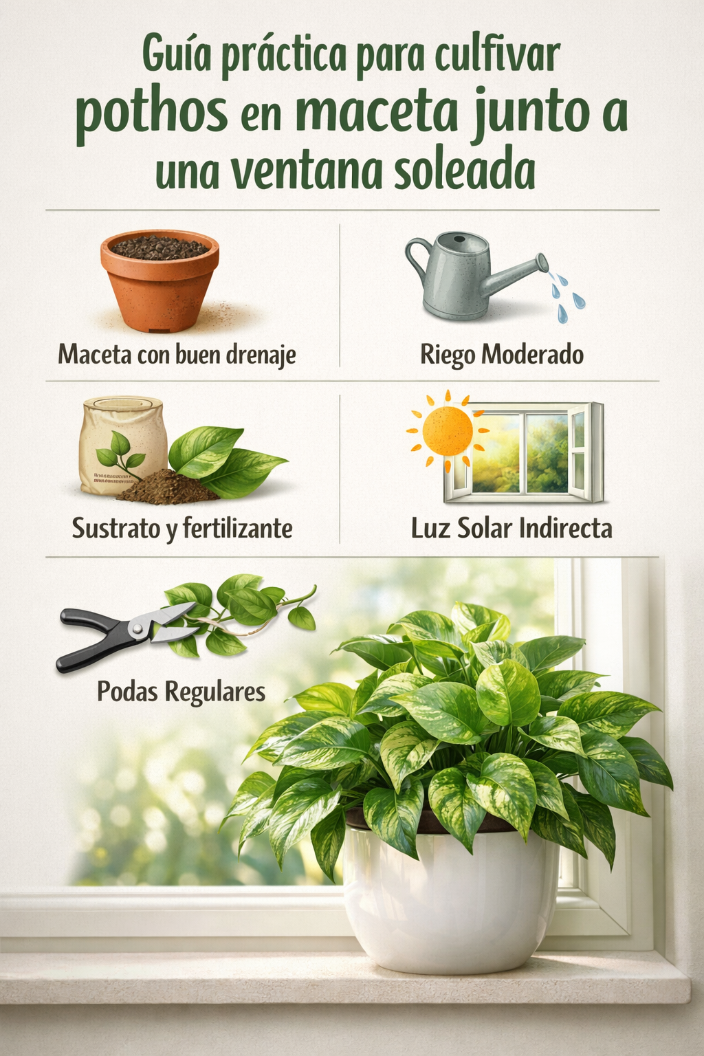 Guía práctica para cultivar pothos en maceta junto a una ventana soleada