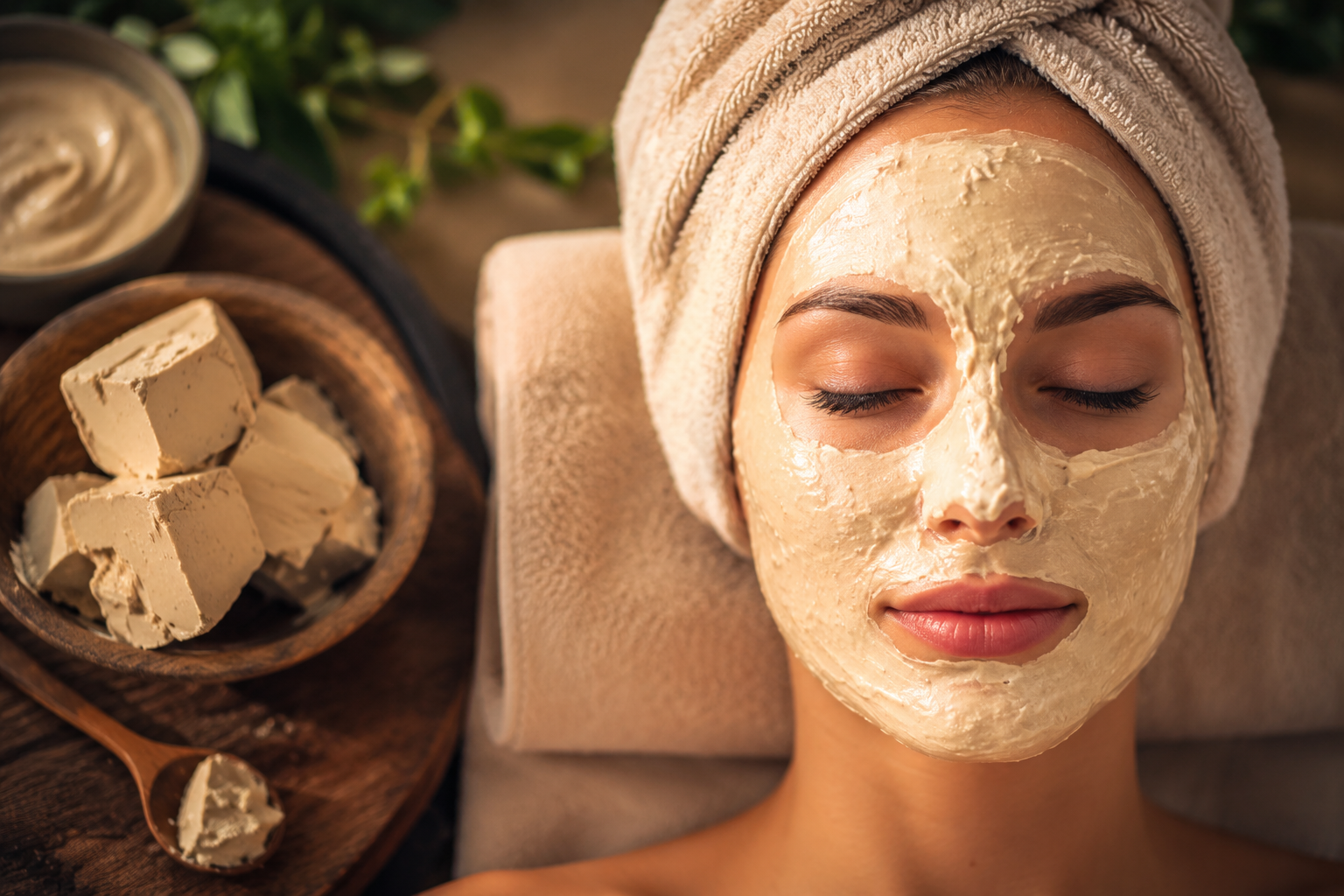 Mascarilla facial antiarrugas y antimanchas con un trozo de levadura