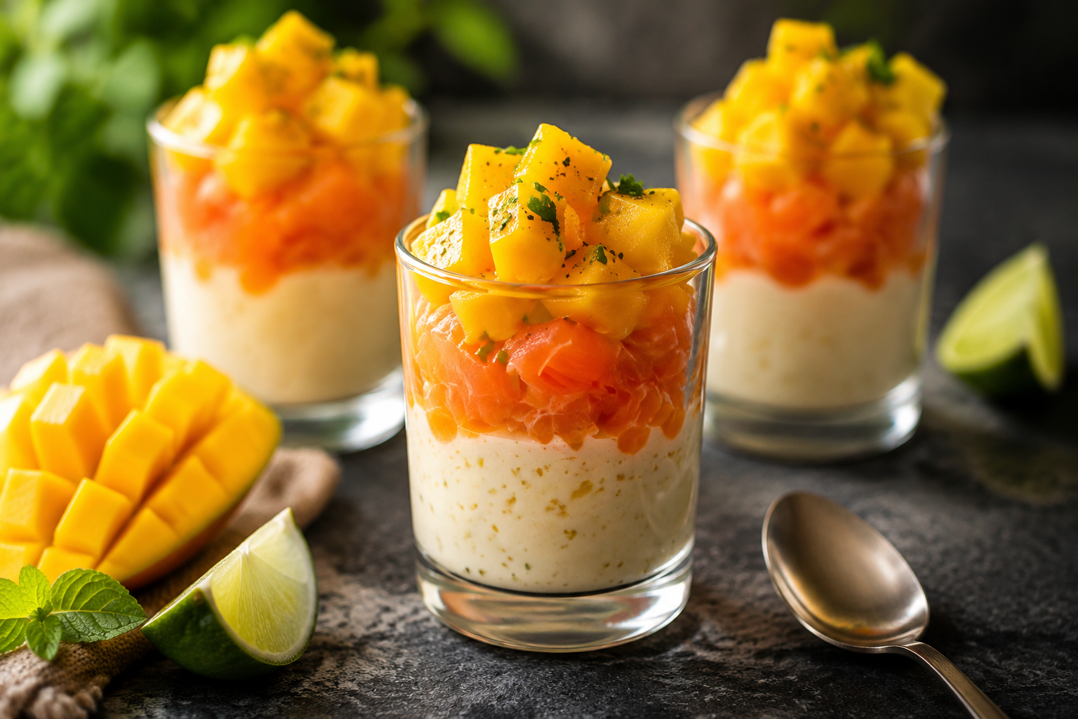 Vasos de Salmón, Mango y Crema con Limón