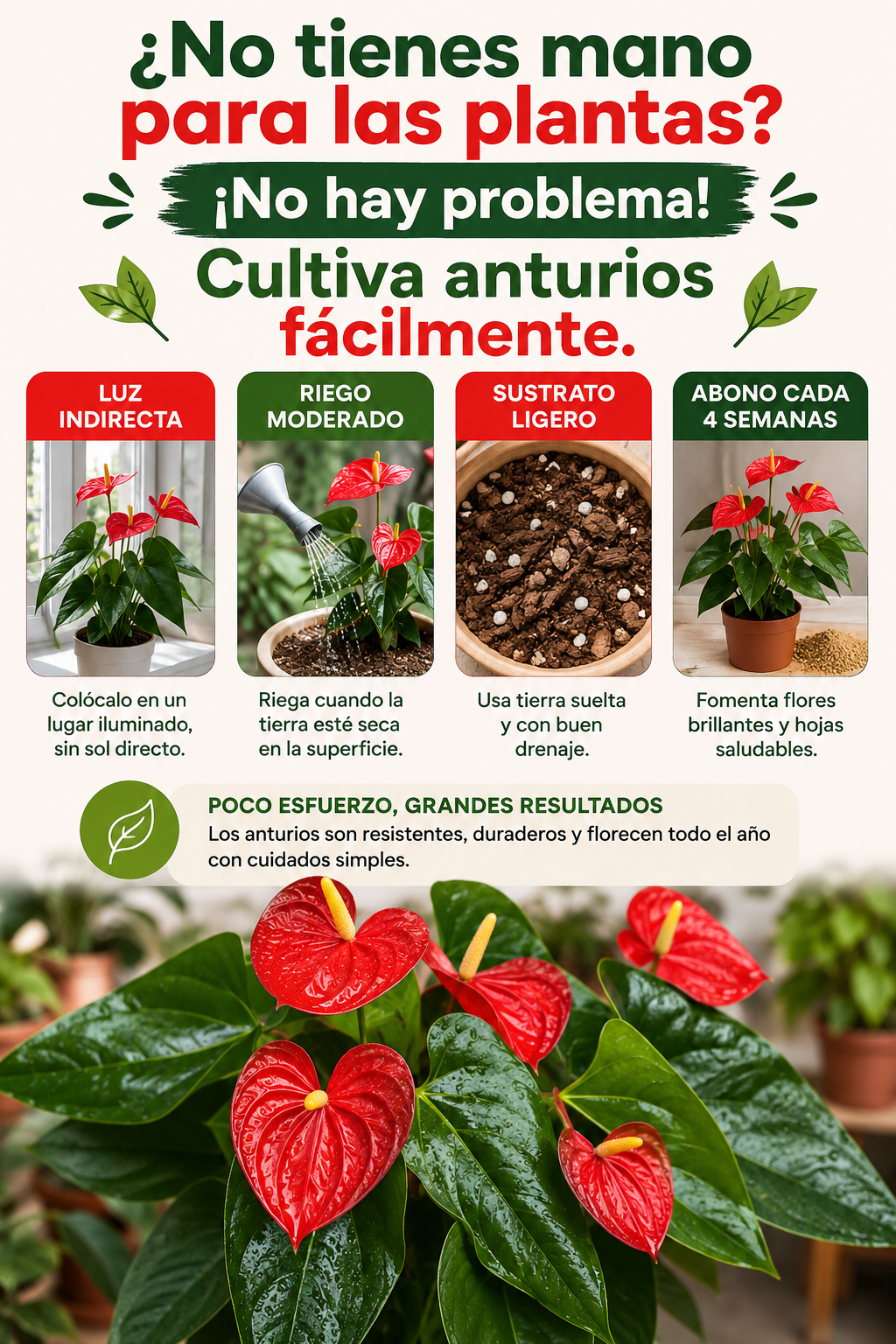 ¿No tienes mano para las plantas? ¡No hay problema! Cultiva anturios fácilmente.