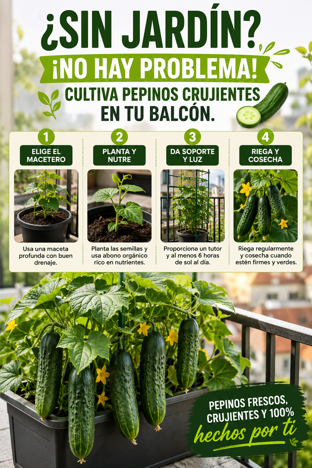 ¿Sin jardín? ¡No hay problema! Cultiva pepinos crujientes en tu balcón.