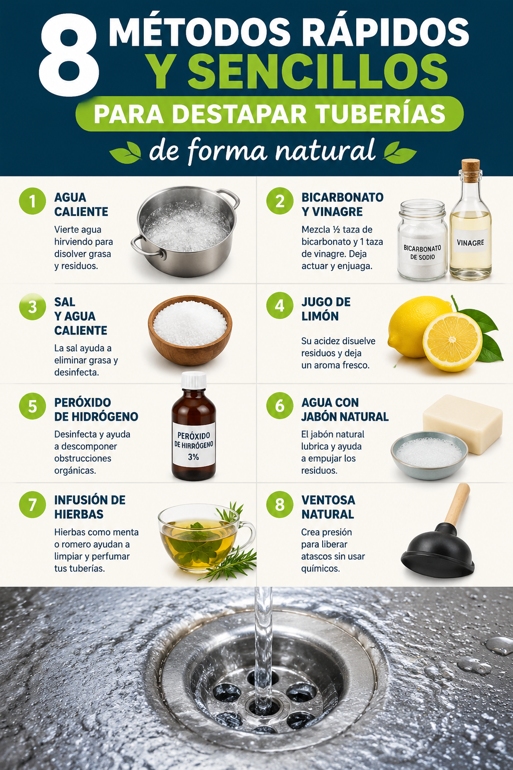 8 métodos rápidos y sencillos para destapar tuberías de forma natural