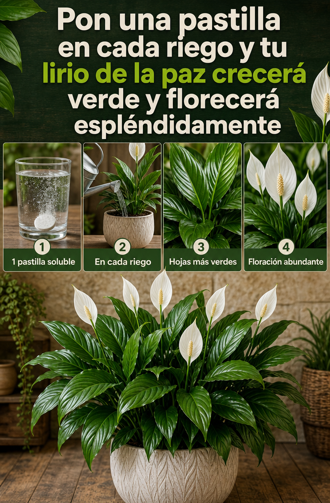 Administre una pastilla en cada riego y tu lirio de la paz crecerá verde y florecerá espléndidamente.