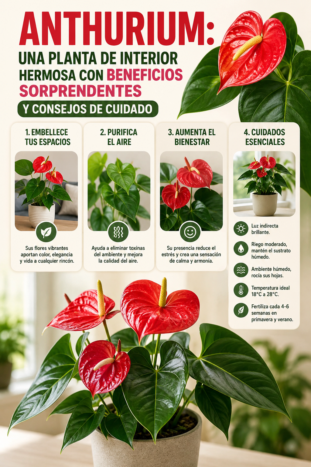 Anthurium: una planta de interior hermosa con beneficios sorprendentes y consejos de cuidado