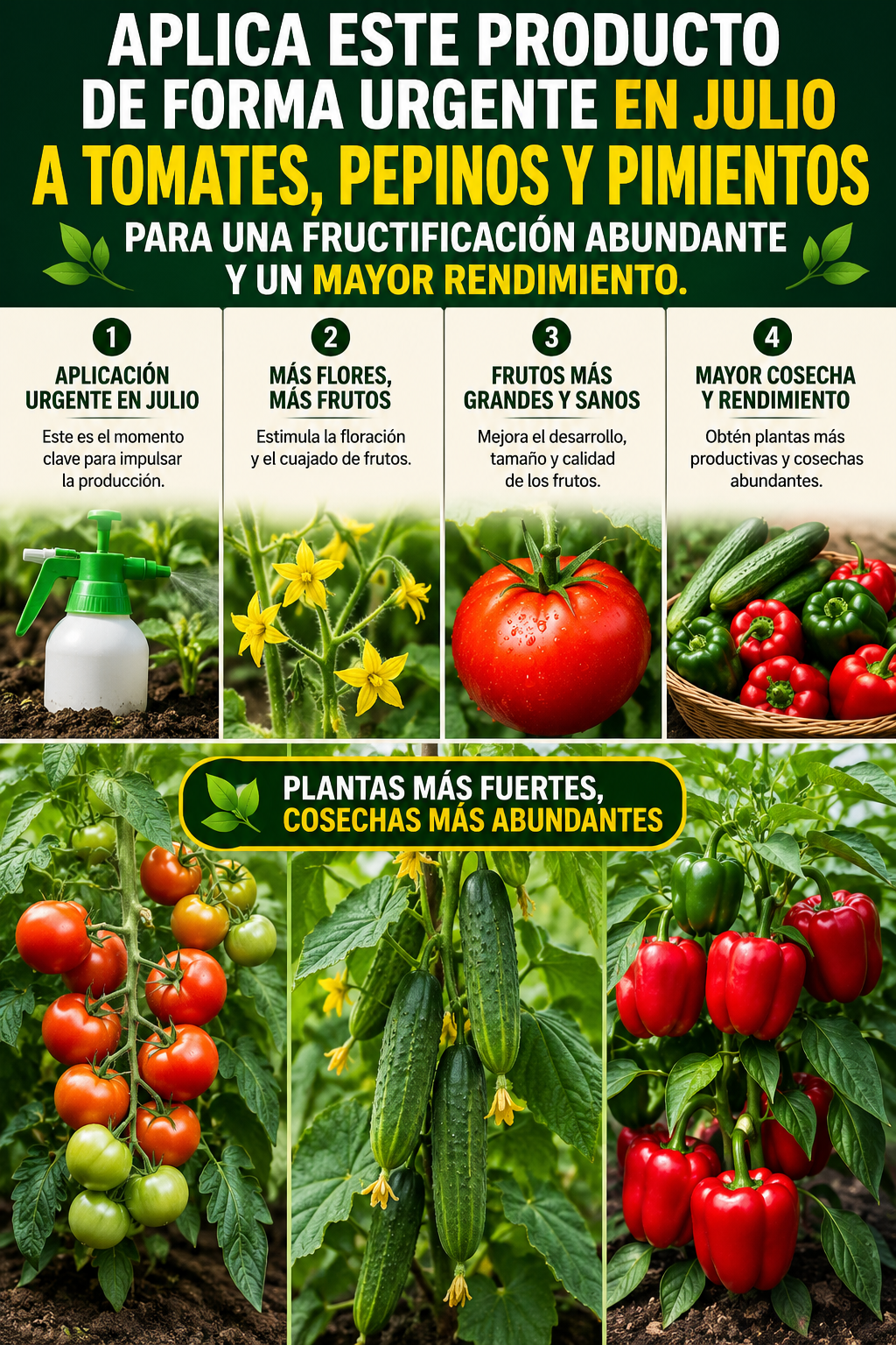 Aplica este producto de forma urgente en julio a tomates, pepinos y pimientos para una fructificación abundante y un mayor rendimiento.