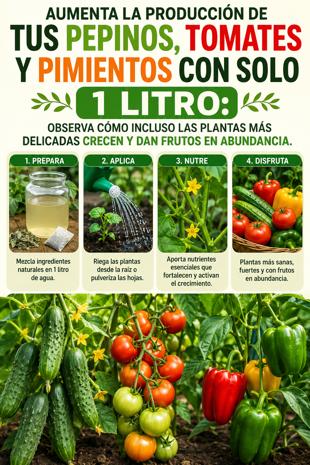 Aumenta la producción de tus pepinos, tomates y pimientos con solo 1 litro: observa cómo incluso las plantas más delicadas crecen y dan frutos en abundancia.