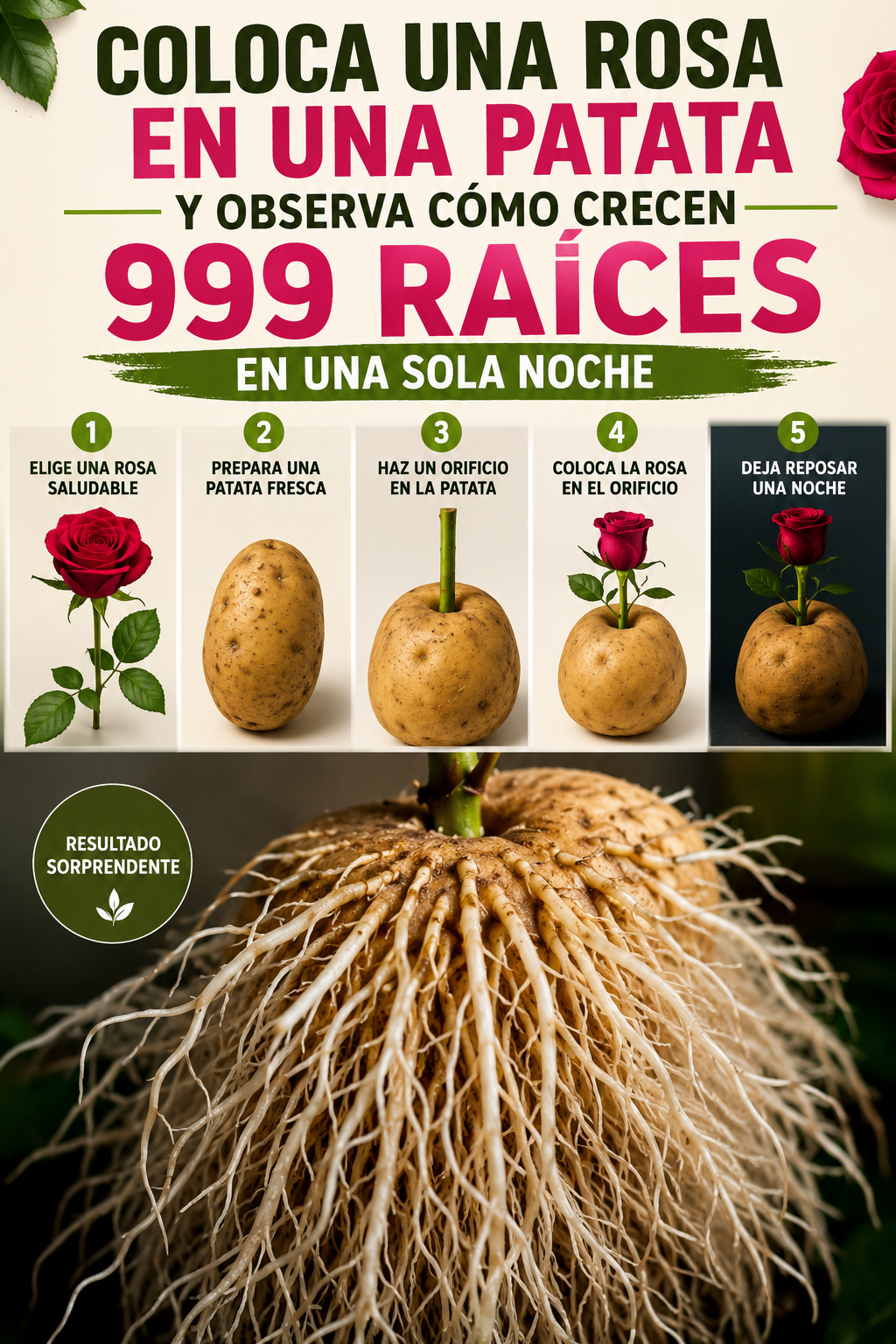 Coloca una rosa en una patata y observa cómo crecen 999 raíces en una sola noche
