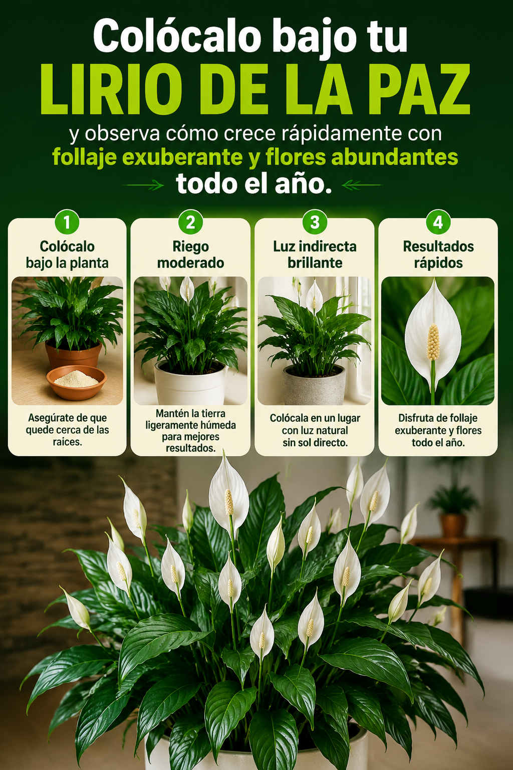 Colócalo bajo tu lirio de la paz y observa cómo crece rápidamente con follaje exuberante y flores abundantes todo el año
