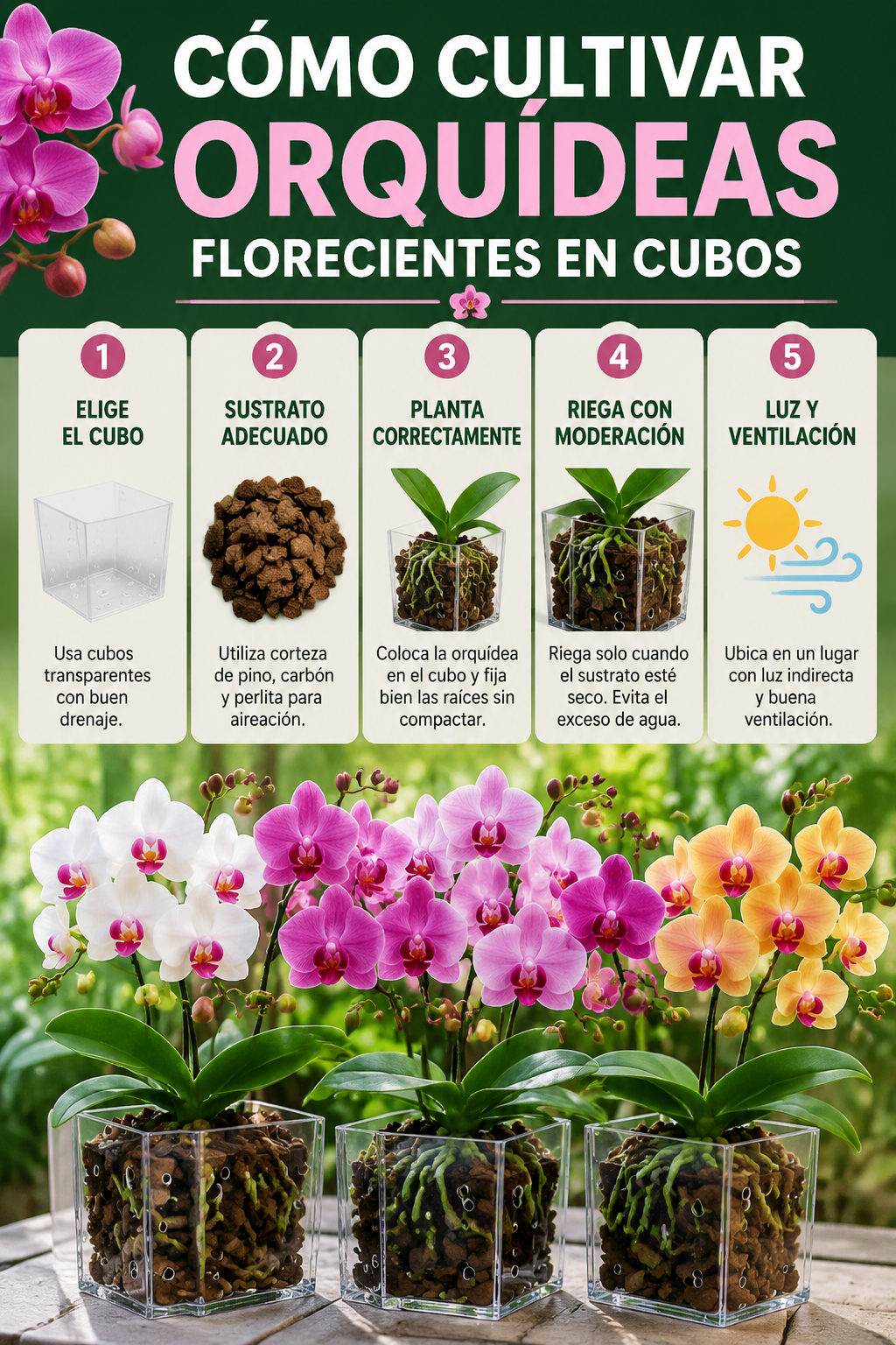 Cómo cultivar orquídeas florecientes en cubos