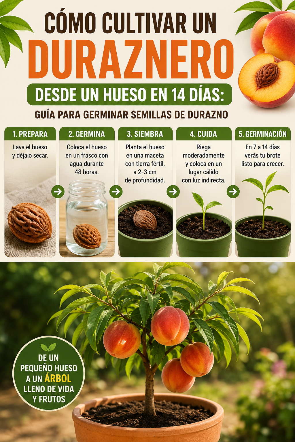 Cómo cultivar un duraznero desde un hueso en 14 días: guía para germinar semillas de durazno.