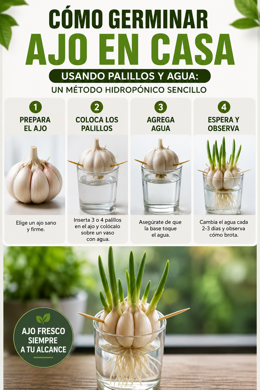 Cómo germinar ajo en casa usando palillos y agua: un método hidropónico sencillo