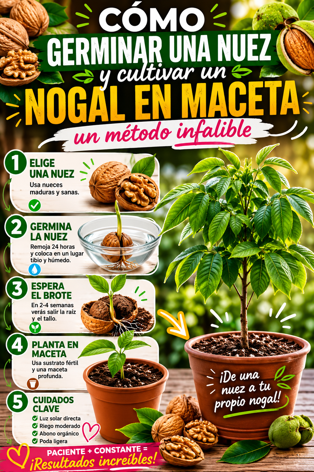 Cómo germinar una nuez y cultivar un nogal en maceta: un método infalible