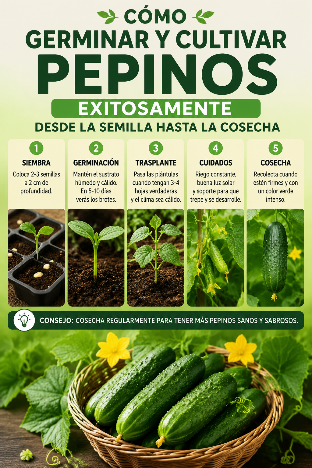 Cómo germinar y cultivar pepinos exitosamente, desde la semilla hasta la cosecha